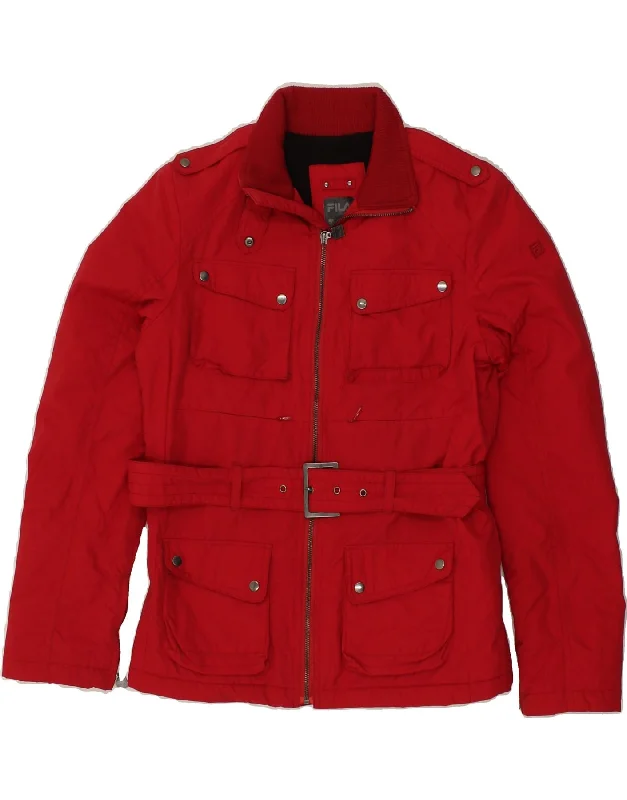 FILA Womens Windbreaker Jacket UK 12 Medium Red Nylon Print Jacket Jacquard Jacket Embroidered Jacket FILA Womens Windbreaker Jacket UK 12 Medium Red Nylon Print Jacket Jacquard Jacket Embroidered Jacket
