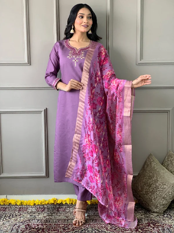 Lavender Trendy Elementary Readymade Pant Suit With Embroidery Work Trendy Work Pants