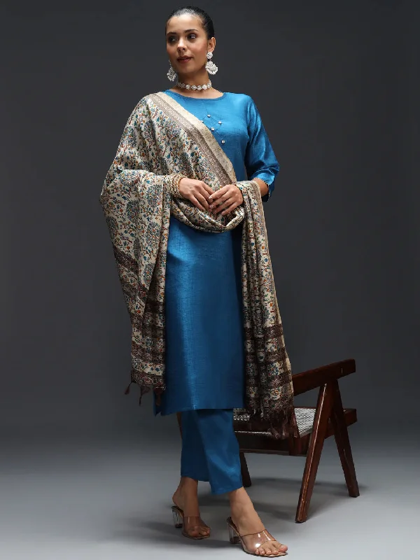 Blue Designer Pant Suit With Embroidery Work Classic Bootcut Trousers