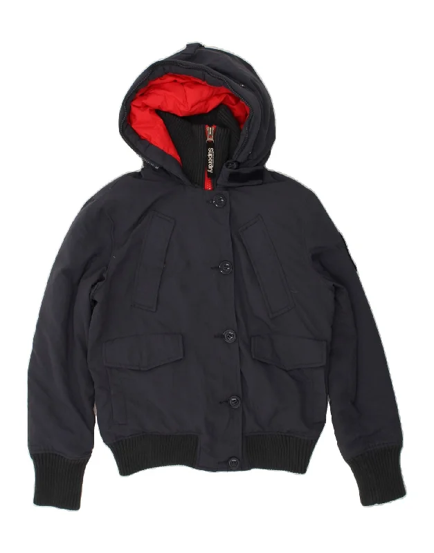 SUPERDRY Womens Indigo Hooded Padded Jacket UK 14 Medium Navy Blue Nylon Belted Jacket Elasticated Jacket Padded Jacket SUPERDRY Womens Indigo Hooded Padded Jacket UK 14 Medium Navy Blue Nylon Belted Jacket Elasticated Jacket Padded Jacket