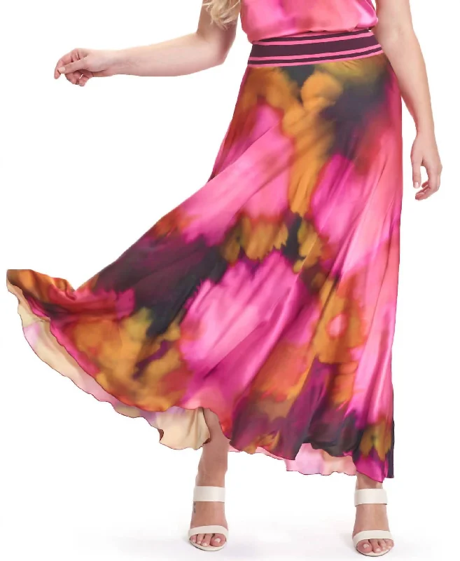 Wild Abstract Satin Maxi Skirt In Pink Multi denim skirt casual