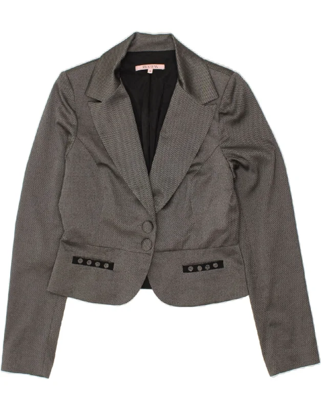 VINTAGE Womens 2 Button Crop Blazer Jacket UK 14 Medium Grey Polyester Hooded Jacket Caped Jacket Shawl Collar Jacket VINTAGE Womens 2 Button Crop Blazer Jacket UK 14 Medium Grey Polyester Hooded Jacket Caped Jacket Shawl Collar Jacket