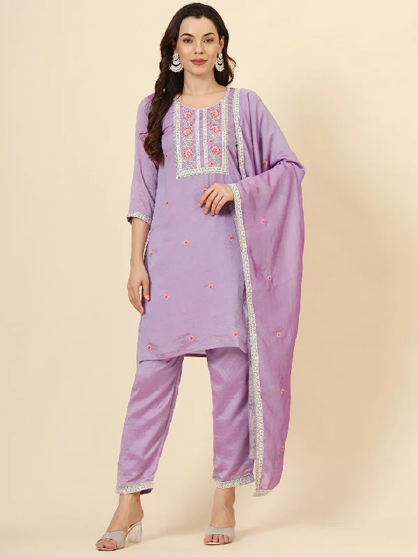 Purple Designer Readymade Pant Suit With Designer Embroidery Work Classic Pleated Pants