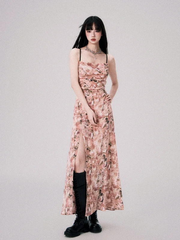 Apricot Pink Floral Swing Collar Backless Suspender Dress LUL0060 Tunics Practical durable