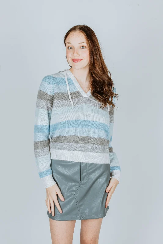 White + Warren Cashmere Striped Hoodie Blue Multi Hoodie with Velcro Closure Adjustable Secure
