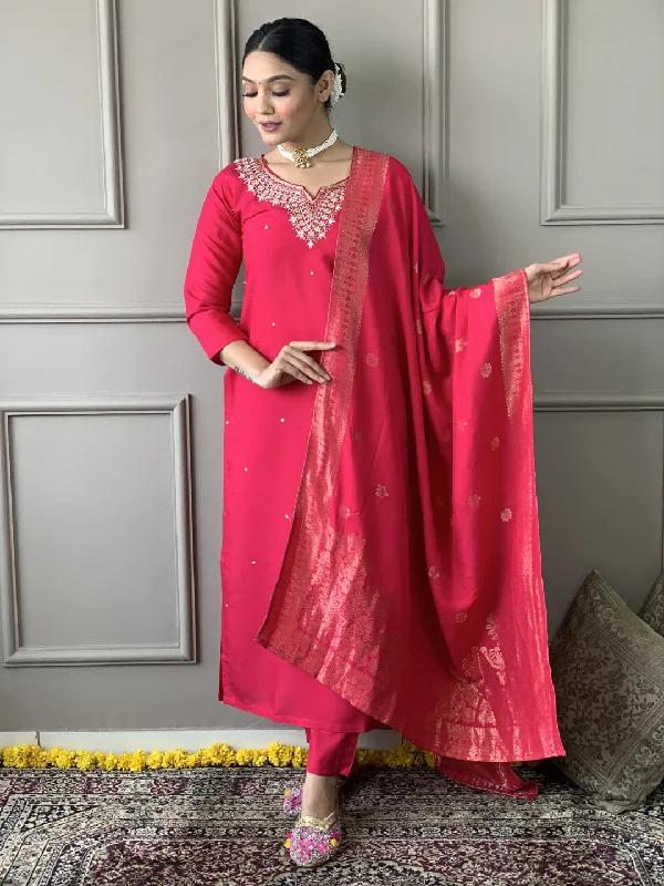 Red Attractive Readymade Pant Suit Designer Embroidery Work Comfortable Pleated Pants