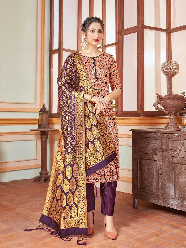 Peach Banarasi Silk Pant Suit With Wevon Design Formal Dress Pants