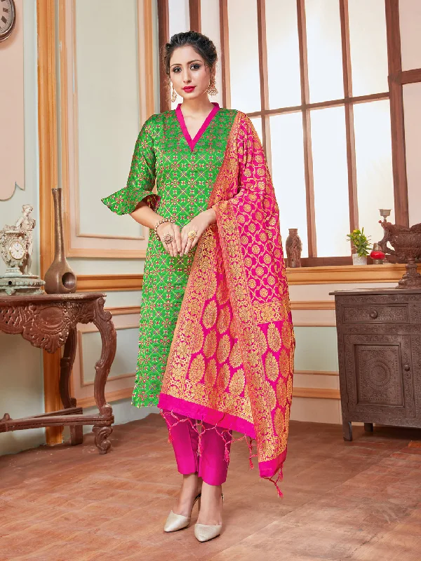 Green Banarasi Silk Pant Suit With Wevon Design Fashionable Jogger Pants