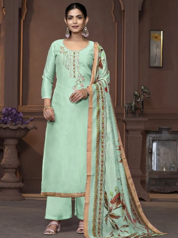 Sea Green Designer Readymade Pant Suit With Wevon Design Hand Work Comfortable Cargo Pants