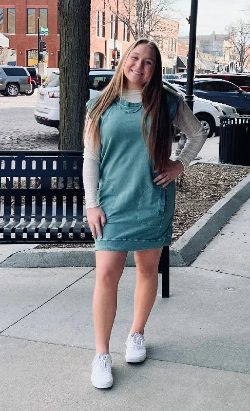 Mineral Washed Knit Cap Slv Tunic Dress w Pockets & Side Slits Tunics Modern contemporary