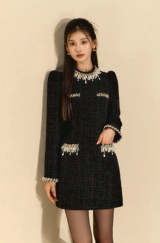 Beaded Golden Style Puff Sleeve Slim Black Dress OSH0078 Tunics Corduroy durable