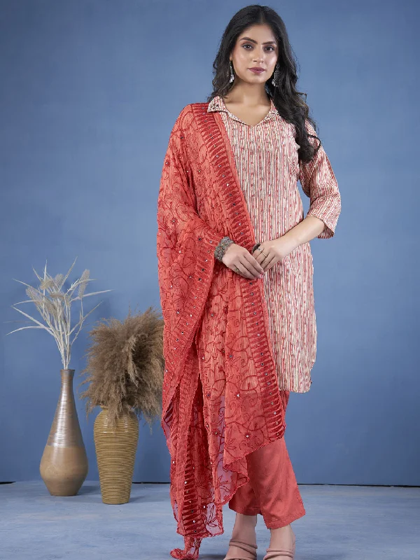 Rust Designer Readymade Pant Suit With Printed Embroidery Work Trendy Tapered Pants