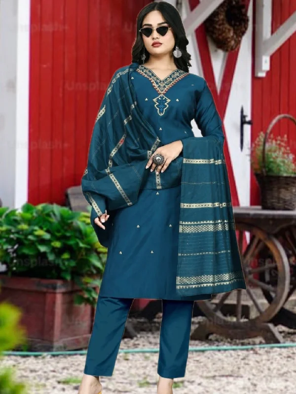 Teal Heavy Roman Silk Trendy Readymade Pant Suit With Printed Embroidery Work Casual Track Pants Teal Heavy Roman Silk Trendy Readymade Pant Suit With Printed Embroidery Work Casual Track Pants