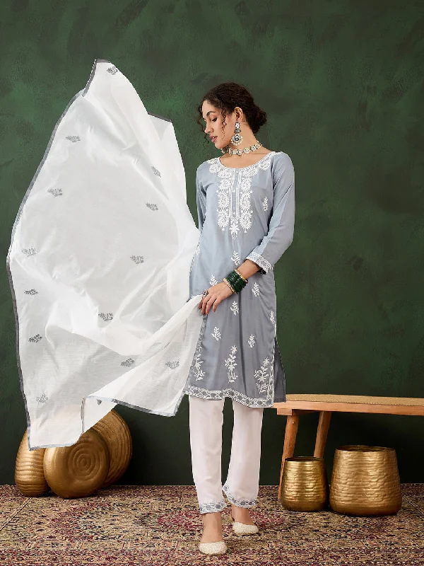 Grey Attractive Looking Pant Suit With Designer Chikankari Embroidery Work Trendy Wide-Legged Trousers Grey Attractive Looking Pant Suit With Designer Chikankari Embroidery Work Trendy Wide-Legged Trousers