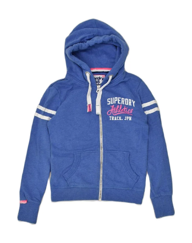 SUPERDRY Womens Graphic Zip Hoodie Sweater UK 10 Small Blue Cotton Herringbone Houndstooth Plaid SUPERDRY Womens Graphic Zip Hoodie Sweater UK 10 Small Blue Cotton Herringbone Houndstooth Plaid