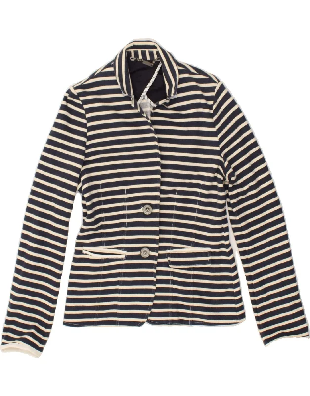 CREW CLOTHING Womens 2 Button Blazer Jacket UK 12 Medium Navy Blue Striped Zip Front Button Front Snap Front CREW CLOTHING Womens 2 Button Blazer Jacket UK 12 Medium Navy Blue Striped Zip Front Button Front Snap Front