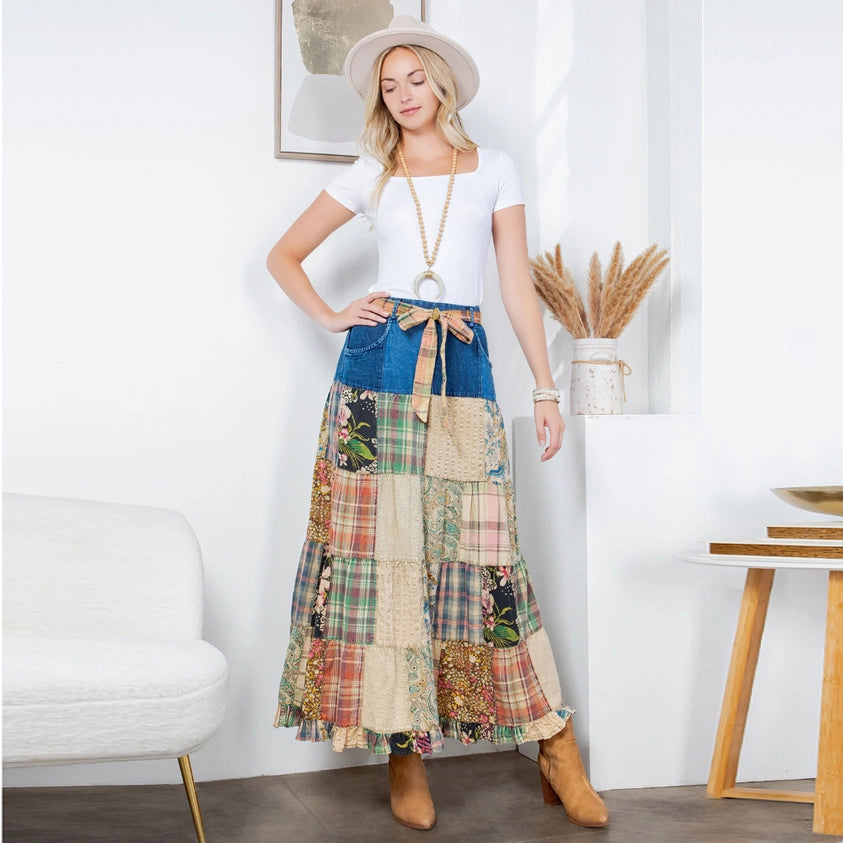 Western Boho Chic Patchwork Belted Skirt denim skirt durable