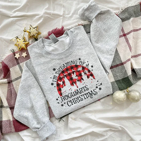 Dreaming of a Hogwarts Christmas Holiday Sweatshirt - Christmas Sweatshirt - Sizes S to 5XL Hoodie with Hem Embroidery Detailed Premium