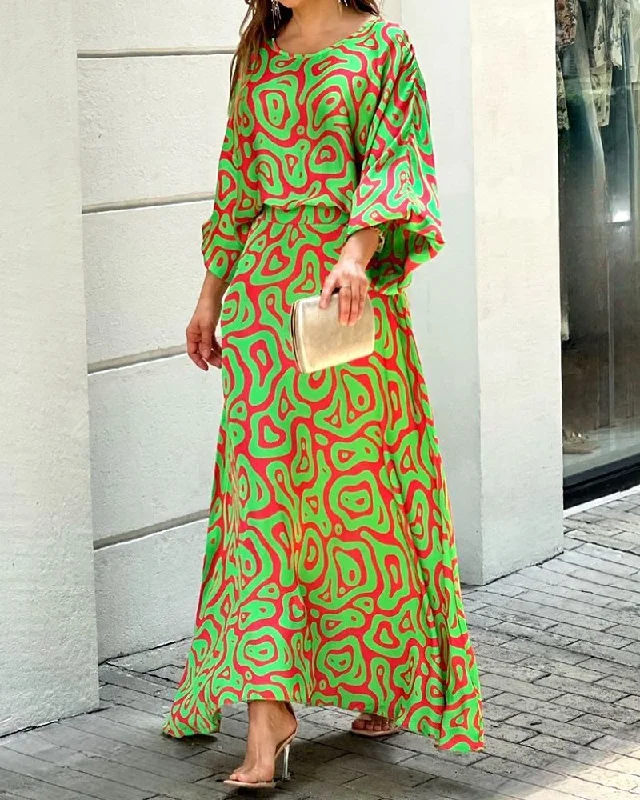 Casual Elegant Women Long Sleeve Lantern Sleeve Top Loose Graphicl Printing Skirt Set cashmere skirt plush