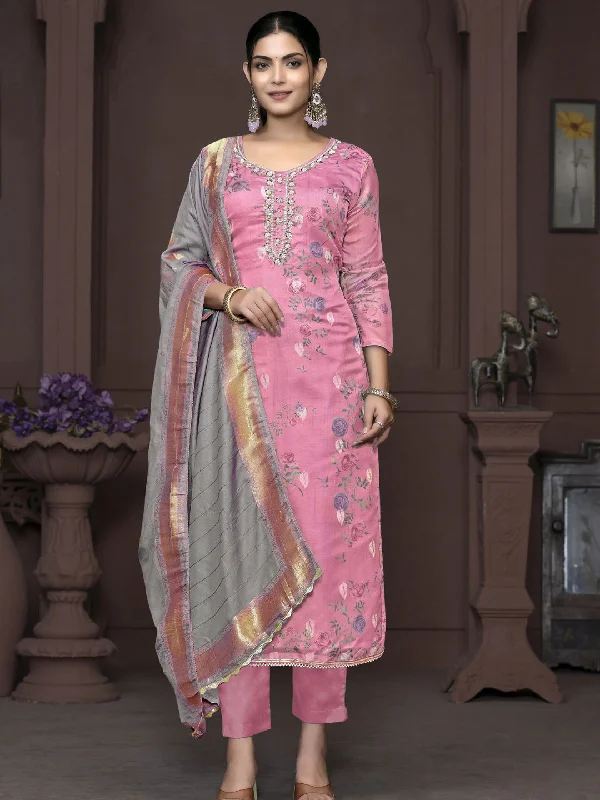 Pink Designer Readymade Pant Suit With Printed Hand Work Comfy Zip-Up Pants