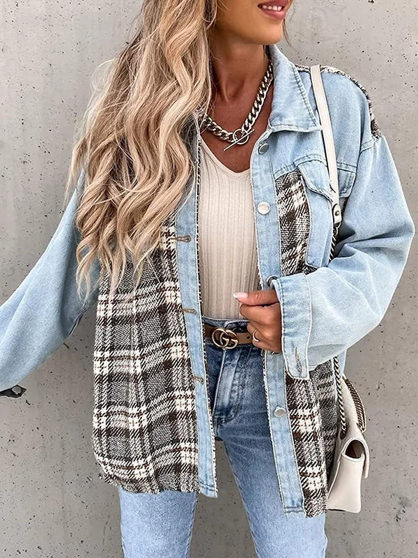 Plaid Patchwork Denim Jacket Elasticated Jacket Padded Jacket Insulated Jacket