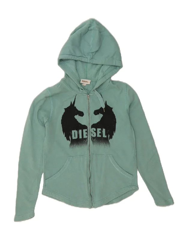 DIESEL Womens Graphic Zip Hoodie Sweater UK 12 Medium Turquoise Cotton Cotton Fabric Linen Fabric Terry Fabric DIESEL Womens Graphic Zip Hoodie Sweater UK 12 Medium Turquoise Cotton Cotton Fabric Linen Fabric Terry Fabric