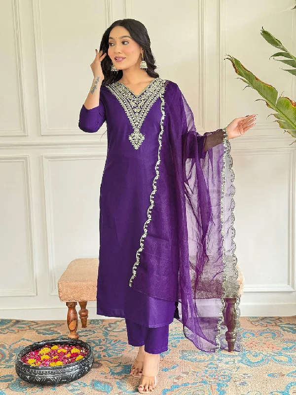 Purple Designer Readymade Pant With Printed Embroidery Work Soft Sweatpants Style