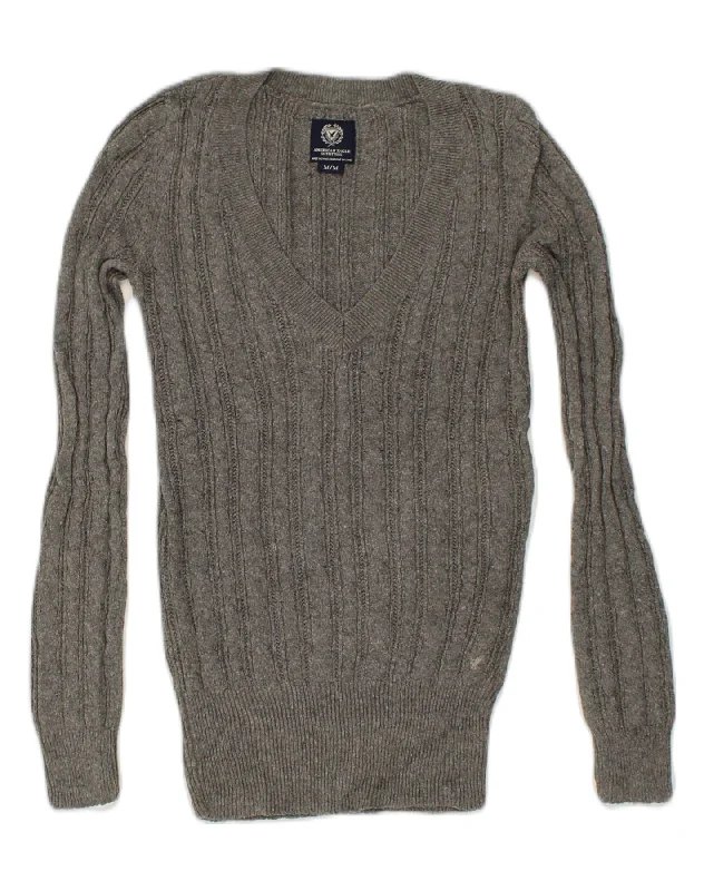 AMERICAN EAGLE Womens V-Neck Jumper Sweater UK 12 Medium Grey Cotton Soft Cozy Warm
