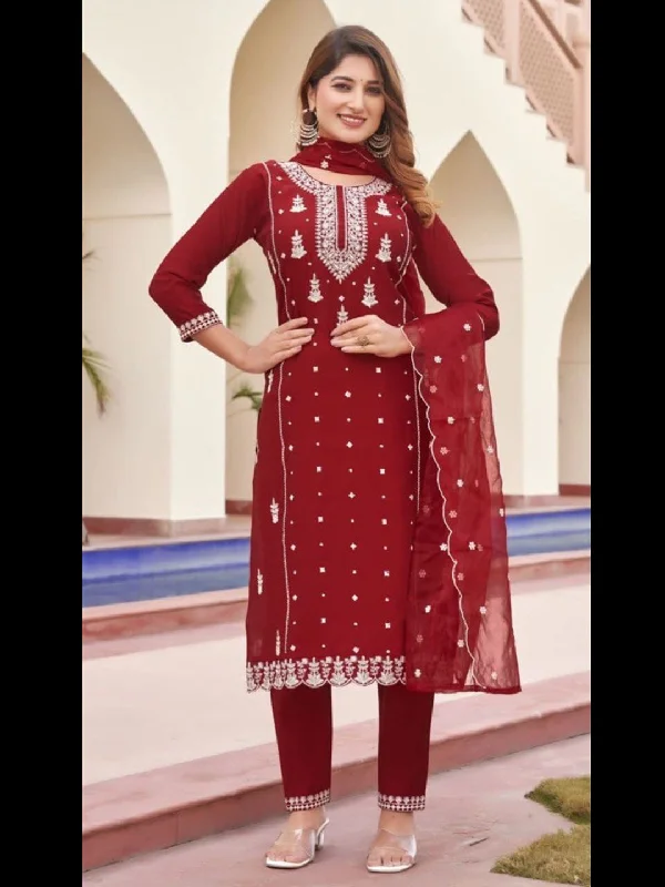 Maroon Designer Function Wear Readymade Pant Suit With Embroidery Work High-Waist Yoga Pants