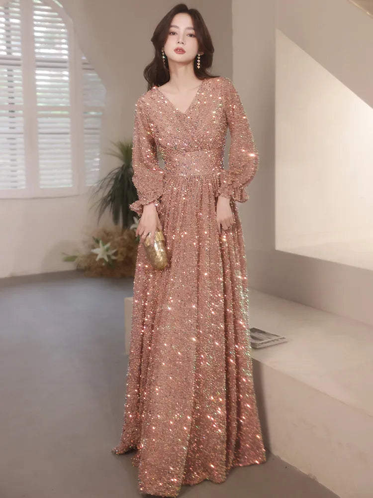 Long Sleeve Evening Dresses Elegant V-Neck A-Line Floor-Length Sparkly Sequin Women Formal Gowns For Engagement Part Tunics Stylish elegant Long Sleeve Evening Dresses Elegant V-Neck A-Line Floor-Length Sparkly Sequin Women Formal Gowns For Engagement Part Tunics Stylish elegant