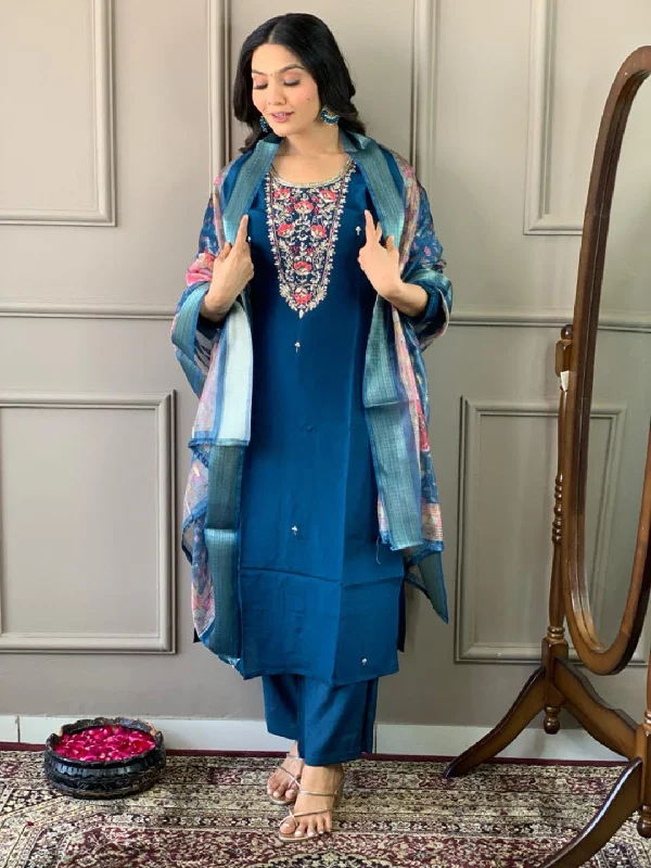 Teal Blue Attractive Looking Readymade Pant Suit With Printed Embroidery Work Comfy High-Waist Jeans