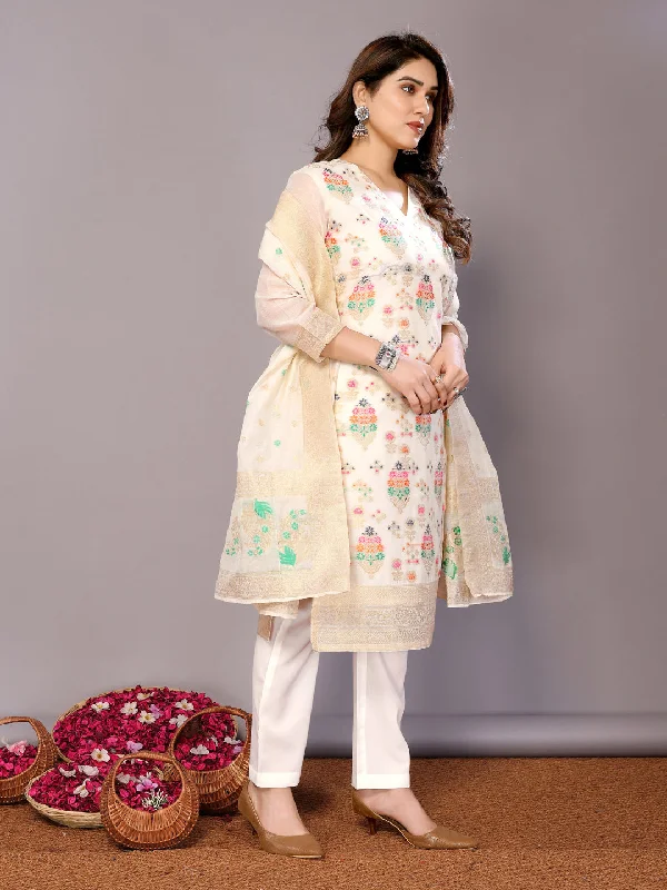 Cream Designer Readymade Pant Suit With Wevon Design Formal Wide-Leg Pants