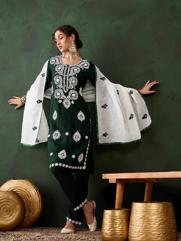 Green Designer Readymade Pant Suit With Chikankari Embroidery Work Elegant Silk Pants Green Designer Readymade Pant Suit With Chikankari Embroidery Work Elegant Silk Pants