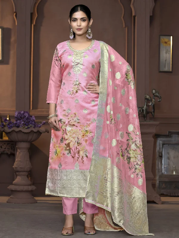 Pink Party Wear Readymade Pant Suit With Wevon Designer Printed Hand Work Classic Straight-Leg Pants
