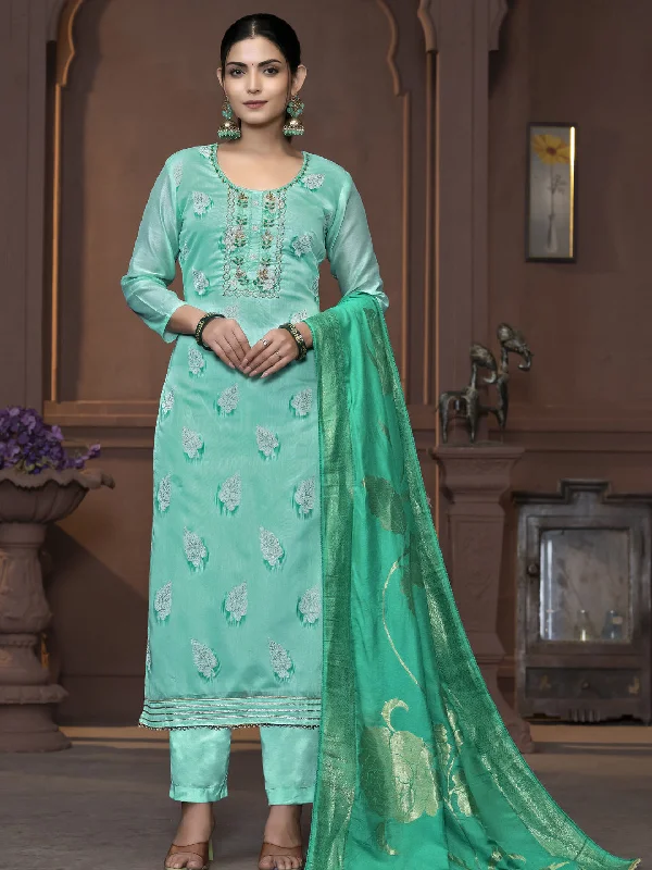 Sea Green Designer Readymade Pant Suit With Wevon Design Hand Work Trendy Palazzo Pants