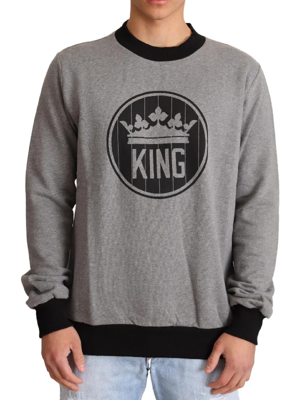 Elegant Gray Crown Motif Crewneck Sweater Houndstooth Herringbone Solid