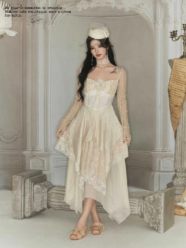 Rose Motif Irregular Hem Lace Layered Long-Sleeved Dress BBB0071 Tunics Luxurious premium