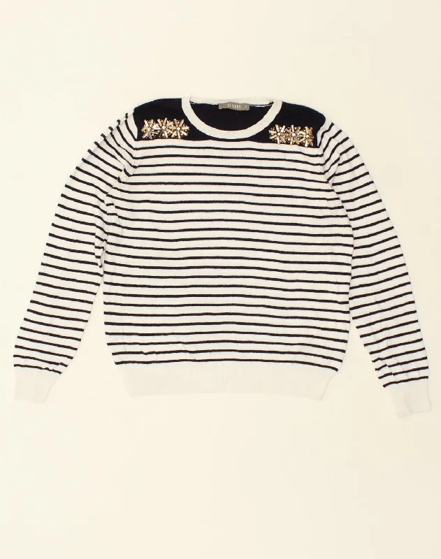 OASIS Womens Crew Neck Jumper Sweater UK 14 Medium White Striped Cotton Solid Print Embellished OASIS Womens Crew Neck Jumper Sweater UK 14 Medium White Striped Cotton Solid Print Embellished