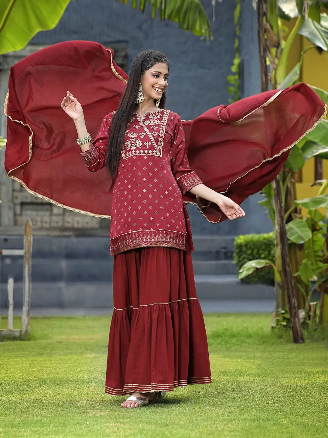 Juniper Maroon Satin Slub Festive Embroidered Printed Straight Kurta Skirt Dupatta Set mini skirt trendy
