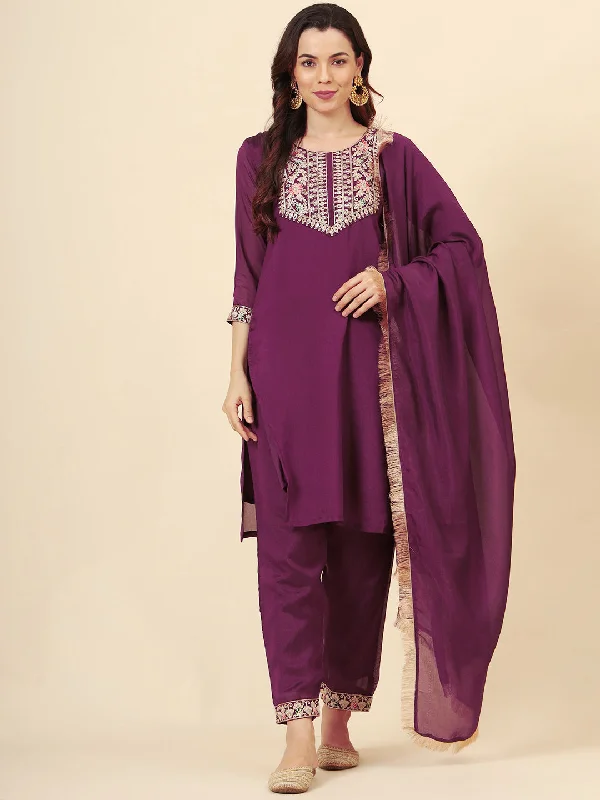 Wine Designer Looking Readymade Pant Suit With Embroidery Work Relaxed Casual Leggings Wine Designer Looking Readymade Pant Suit With Embroidery Work Relaxed Casual Leggings