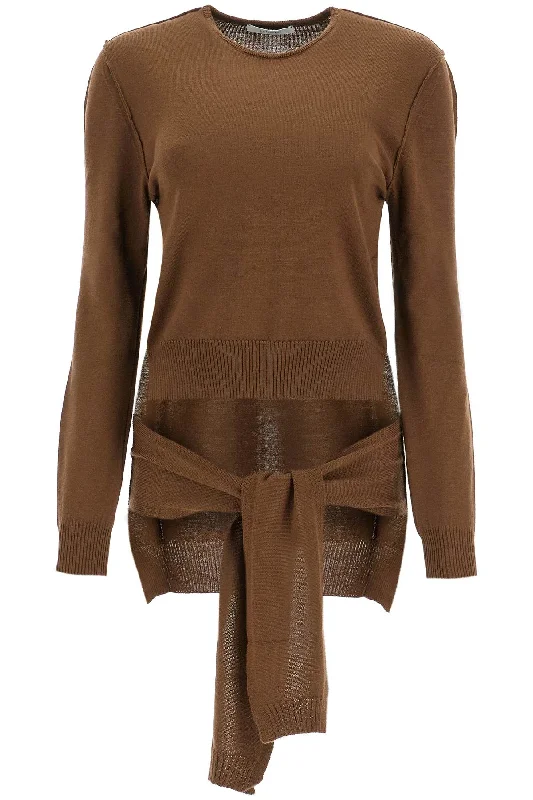 Knit Sweater With Tieable  - Brown Ribbed Striped Patterned