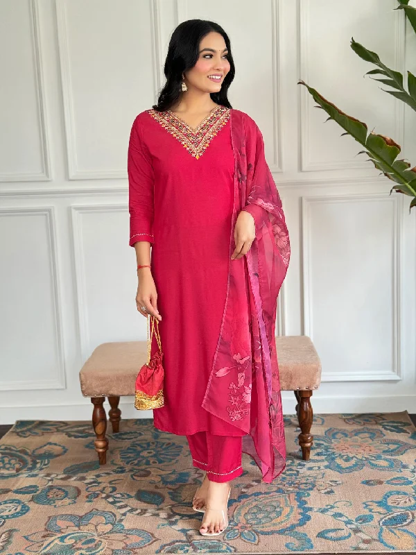Red Designer Readymade Pant With Printed Embroidery Work Classic Straight Pants