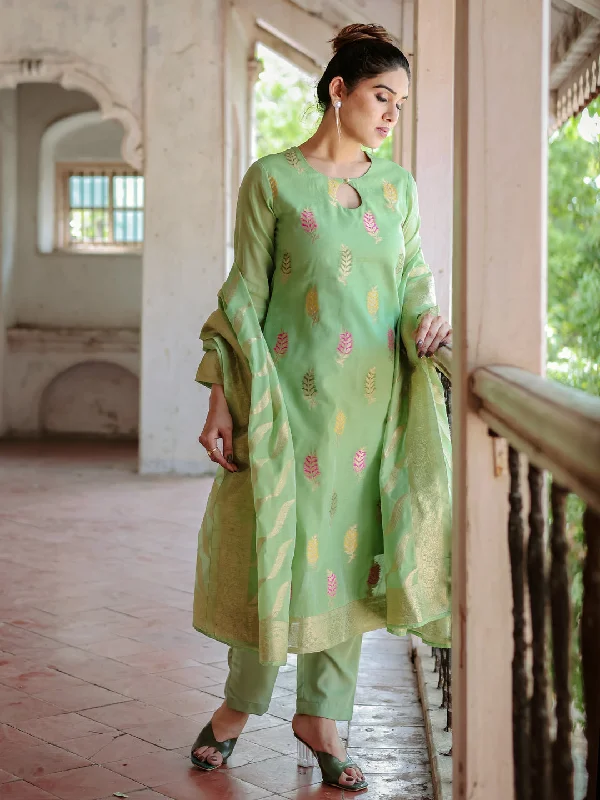 Green Designer Readymade Pant Suit With Wevon Design Lightweight Jogger Pants