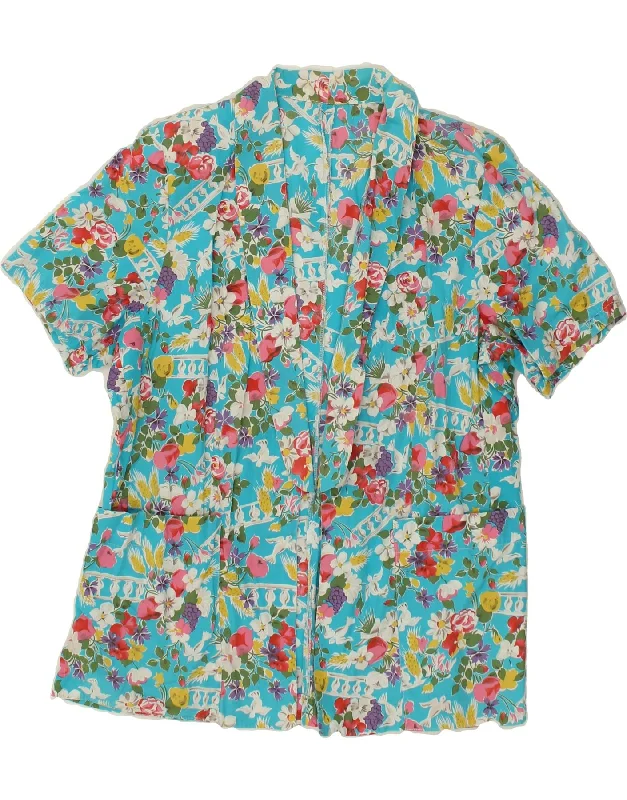 VINTAGE Womens Short Sleeve Blazer Jacket UK 16 Large Blue Floral Fleece Fabric Down Fabric Feather Fabric VINTAGE Womens Short Sleeve Blazer Jacket UK 16 Large Blue Floral Fleece Fabric Down Fabric Feather Fabric