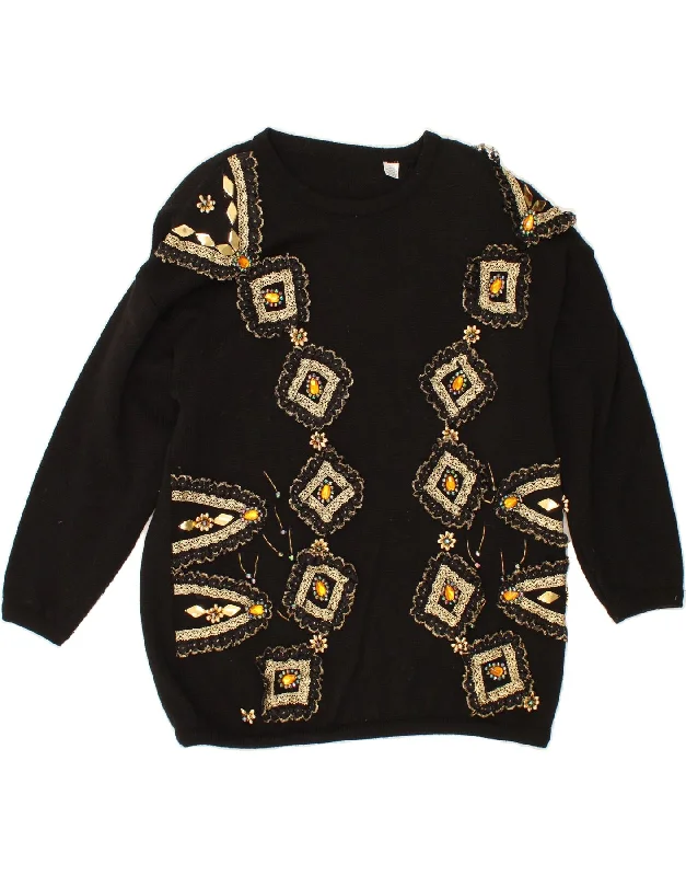 VINTAGE Womens Crew Neck Jumper Sweater UK 20 2XL Black Wool Print Jacquard Patchwork