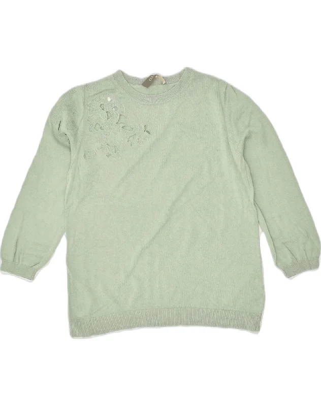 OASIS Womens 3/4 Sleeve Crew Neck Jumper Sweater UK 12 Medium Green Cotton Open Front Closed Front Wrap Front OASIS Womens 3/4 Sleeve Crew Neck Jumper Sweater UK 12 Medium Green Cotton Open Front Closed Front Wrap Front