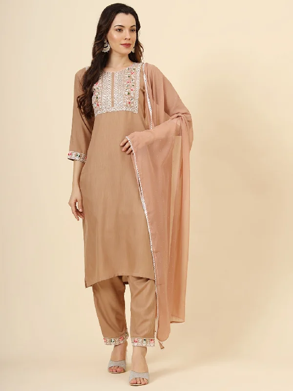 Peach Attractive Looking Readymade Pant Suit With Designer Embroidery Work Comfortable Fleece Pants Peach Attractive Looking Readymade Pant Suit With Designer Embroidery Work Comfortable Fleece Pants