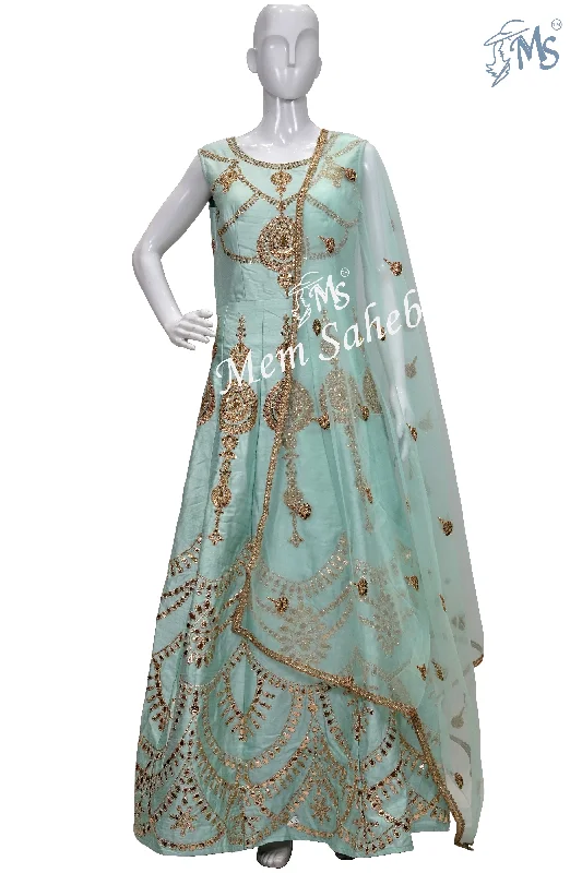 Anarkali Sea Green Gown style Raw Silk dress with Gota Cords and Sequin Tunics Fall fleece Anarkali Sea Green Gown style Raw Silk dress with Gota Cords and Sequin Tunics Fall fleece