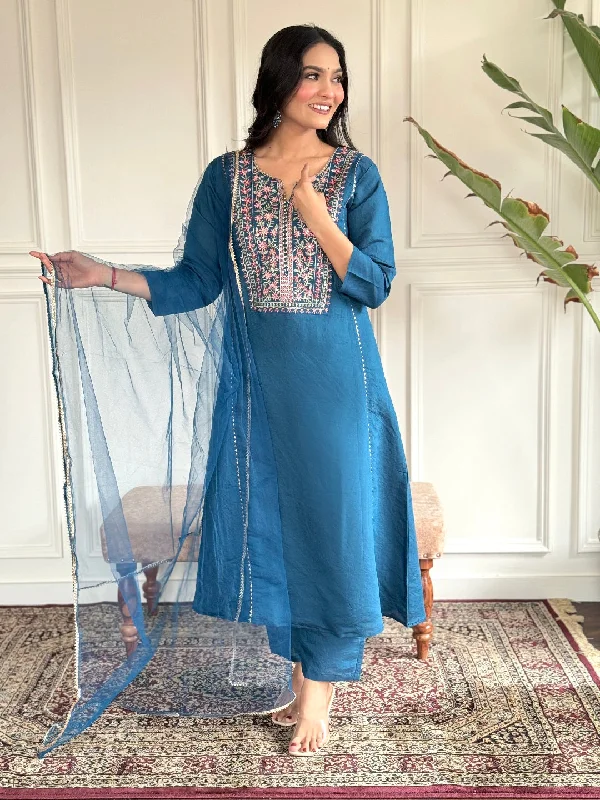 Teal Blue Designer Party Wear Readymade Pant Suit With Printed Embroidery Work Warm Wool Trousers