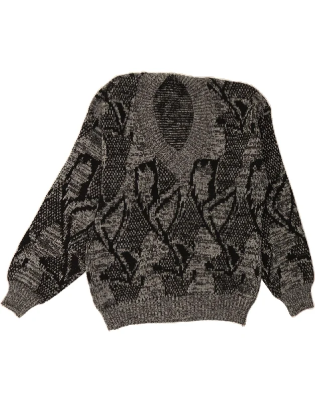 VINTAGE Womens Abstract Pattern V-Neck Jumper Sweater UK 14 Medium Grey Print Jacquard Patchwork VINTAGE Womens Abstract Pattern V-Neck Jumper Sweater UK 14 Medium Grey Print Jacquard Patchwork